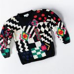 IZOD Vintage 80s Hand Knit Geometric Crewneck Sweater Shoulder Pads Size Small Photo 0