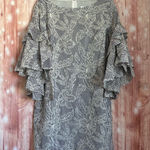 Badgley Mischka  Navy Striped Floral Print Tiered Bell Sleeve Boatneck Dress Sz 4 Photo 0