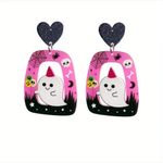Cool Halloween Black Heart Hollow Out Ghost Pink‎ Acrylic Earrings Photo 2