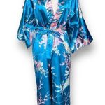 Jugeumm Robe Blue Pink Satin Floral Peacock Print Japanese Kimono Dressing Gown Photo 10