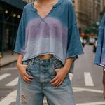 Free People NEW  After Midnight Washed Tee Blue Ombre Oversize Boho Y2K 90s Lg Photo 0
