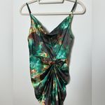 Pretty Little Thing  Green Print Satin Strappy Cowl Neck Side Gathered MIDI Dress Photo 1