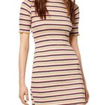 Socialite Women's Pink/Mustard Striped Lettuce Trim Mock Neck Bodycon Dress sz L Photo 1