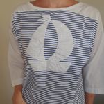 Vintage Cotton Boat Neck Long Sleeve Mini Dress Nautical Stripes Sailboat Large Photo 2