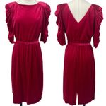 Vintage 80s Velvet Dress Belted A Line Ruched Puff Sleeve Hot Pink Womens XS Photo 2