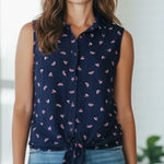 Westport Navy Sleeveless Button-Down Tie Front Top – Watermelon Print Photo 0