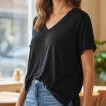 T Tahari  Black V-Neck Short Sleeve Top Photo 0