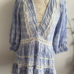 Free People Free‎ People Boho Cottagecore Peasant Top Size Med V Neck Lace Ruffle Light Blue Photo 0