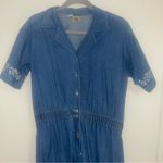 Vintage Romper Chambray Women Small Blue Floral Denim Embroidered Pocket Denim Photo 2