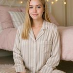 Victoria's Secret NEW  Light Pink and Green Striped Button Satin Pajama Shirt XL Photo 0