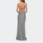 La Femme NWT   Long Tie Up Back Jersey Prom Dress With Slit Color Silver Size 0 Photo 1
