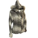 Vintage Bolivian Imports 100% Wool Chunky Cable Knit Sweater Hooded Fringe Small Gray Photo 2