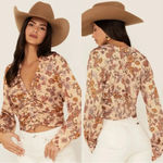 Free People I Got You Printed Top Crop V-Neck Longsleeve in Orange Boho Size L Photo 2