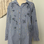 Pilcro Anthropologie  Boho Blue White Pinstripe Beaded Embellished Button-up S Photo 0