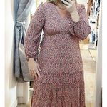 Max Studio Long Sleeve V Neck Printed Midi Dress Maroon Red Small Photo 0