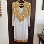 80s Vintage RIGHT CHOICE White and gold Beaded Silk Midi Gown with Slit Large Photo 1