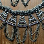 Silver Beaded Statement Bib Necklace and Earrings Gray Photo 2