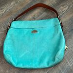 Fossil Authentic Cowhide Leather Fold-Over Aqua/Green Shoulder Bag Explorer Photo 4