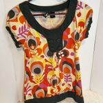 Weavers Orange Cap Sleeve Fitted Graphic Blouse Size L Photo 0