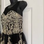 Modcloth Liza Luxe Size M Gold Black Lace Floral Dress Embroidered Scallop Hem Photo 2