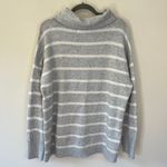 Loft Striped Drawstring Neck Stretch Knit Pocket Sweater Gray White Stripe Photo 6