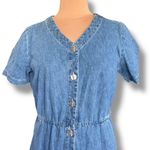 Vintage 90s Faded Glory Denim Button Front Midi Dress Short Sleeve Vneck Pockets Blue Size 12 Photo 1
