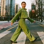 Roxy NWT  x Chloe Kim Corduroy High Waist Wide Leg Pants Moss Green Photo 1