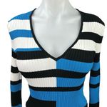 Solid & Striped  Blue Black White Striped V Neck Long Sleeve Bodysuit Top Size M Photo 2