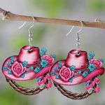 Rustic Western Cowboy Hat With Flowers & Leaves Horseshoe Pendant Earrings Photo 1
