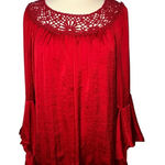 Melissa Paige Red Crochet Neck Bell Sleeve Blouse Top Elegant Women Size Medium Photo 0