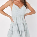 Lulus  Pretty Picnic Sage Green Gingham Tiered Tie-Back Skater Dress L NWT Photo 0