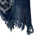 Daisy  Blue Distressed Long Denim Jacket Women's Size Large Frayed Hem Pockets‎ Photo 8