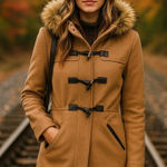 Cole Haan camel tan wool blend fur trim toggle hooded coat size 2 winter Photo 0