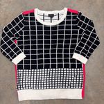 Worthington Sweater Womens Small Black White Square Pink Stripe 3/4 Sleeve Photo 0