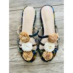 J.Mclaughlin NWOT Mandy Sandal in Midnight Floral Raffia Pom Flats Botanical 7M Blue Size 7 Photo 2
