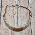 None Brushed Gold Tone & Brown Faux Leather Structured Collar Choker Necklace 18" Photo 4