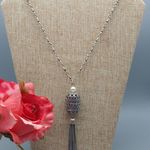 Lucky Brand Silver Tone Marcasite Barrel Tassel Pendant Necklace Long Chain 32" Photo 2