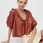 Urban Outfitters  Blouse Womens XS Orange Red FIONNA Ruffle Puff Sleeve Boho Top‎ Photo 0