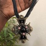 Y2K Gothic Whimsygoth Grunge Black Gold Stud Large Cross Necklace Choker Pendant Charm Multi strand Leather Rope #gypsy #whimsigoth #indie #hippie Measurement in pics Photo 2