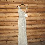Mac Duggal  5687 SEQUINED ONE SHOULDER DRAPED LACE UP GOWN dress  Silver 8 Photo 5