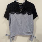 ZARA  Blue and White Striped Navy Lace Tie Front Blouse Size Medium EUC Photo 3
