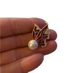 Enamel Butterfly purple pink Gold faux Pearl Earrings Fairy core fancy Glam Photo 3