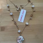 Betsey Johnson  Jeweled Heart Pendant Chain Necklace Goldtone with Pink Flowers Photo 0