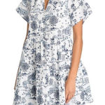 AQUA  White Blue Print Tiered‎ Mini Dress Ruffle Mock Neck Short Sleeve Photo 0