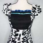 Vintage floral print black white, square neck, bubble short sleeve sheath dress Black Size XXS Photo 2