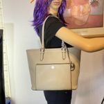 Michael Kors  Ecru Cream Leather Jet Set Large Snap Pocket Tote Bag Photo 5