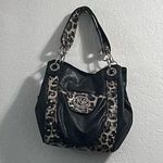Kathy Van Zeeland  LARGE BLACK WITH LEOPARD TRIM HANDBAG SHOULDER BAG RHINESTONES Photo 0