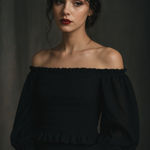 H&M Womens Top M Black Smocked Long Sleeve Off Shoulder Dark Romantic Whimsigoth Photo 0