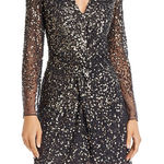 French Connection Emille Sparkle Black & Gold Sequined Dress Sheer Sleeves Sz 4 Photo 0