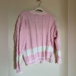 Vintage Cable Knit Cardigan Sweater Sz Medium Oversized Pink‎ White Stripe Pink Photo 1